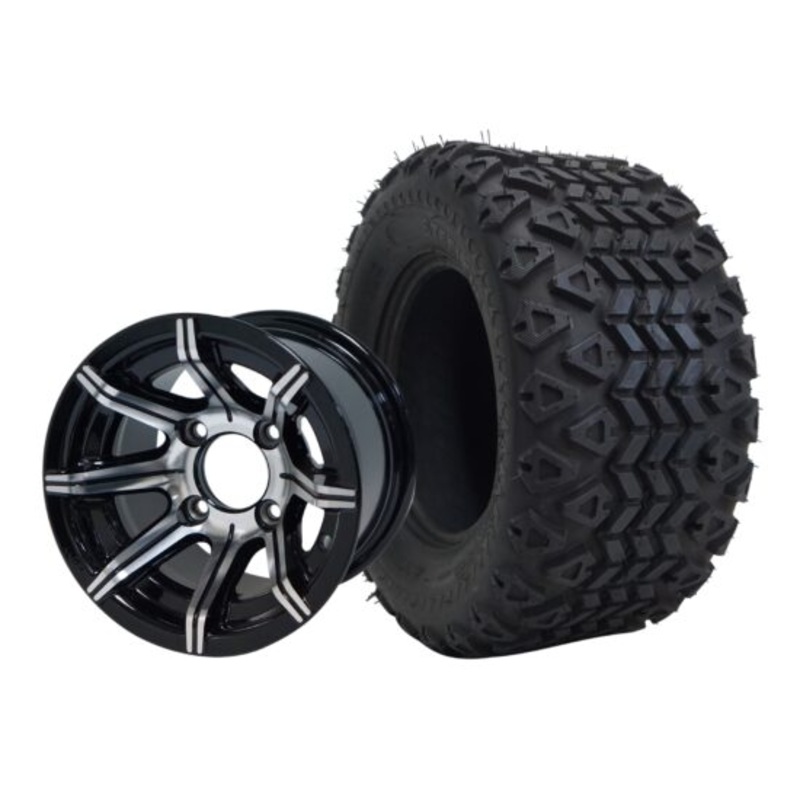 SGC 10″ Spider Machined/Black Wheel – Aluminum Alloy / STEELENG 18″x9″-10″ All Terrain Tire DOT approved Tires Combo – Set of 4