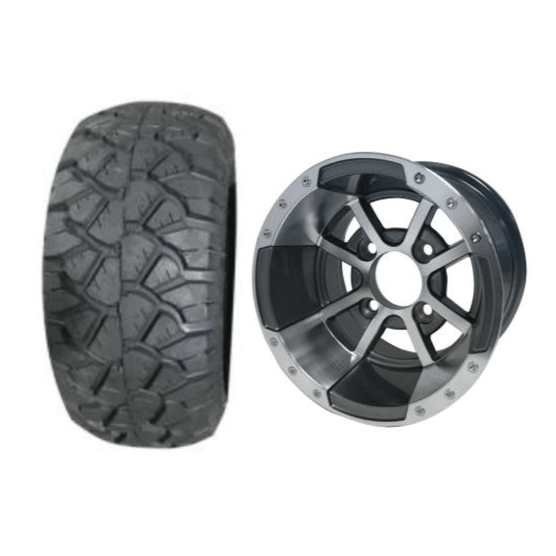 SGC 10″ Storm Trooper Machined/Gunmetal Wheel – Aluminum Alloy / STEELENG 18″x9″-10″ STINGER All Terrain Tire DOT approved Tires Combo – Set of 4