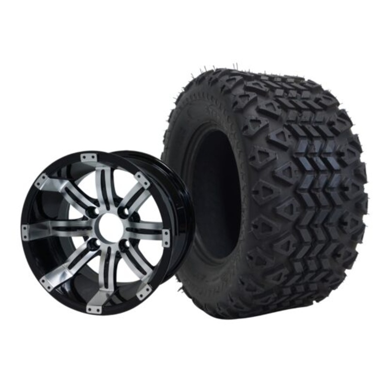 SGC 10″ Tempest Machined/Black Wheel – Aluminum Alloy / STEELENG 18″x9″-10″ All Terrain Tire DOT approved Tires Combo – Set of 4