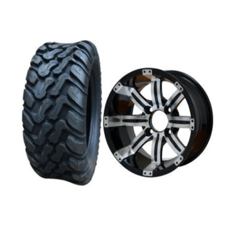 SGC 10″ Tempest Machined/Black Wheel – Aluminum Alloy / STEELENG 22″x10.5″-10″ Mud Terrain Tires Combo – Set of 4