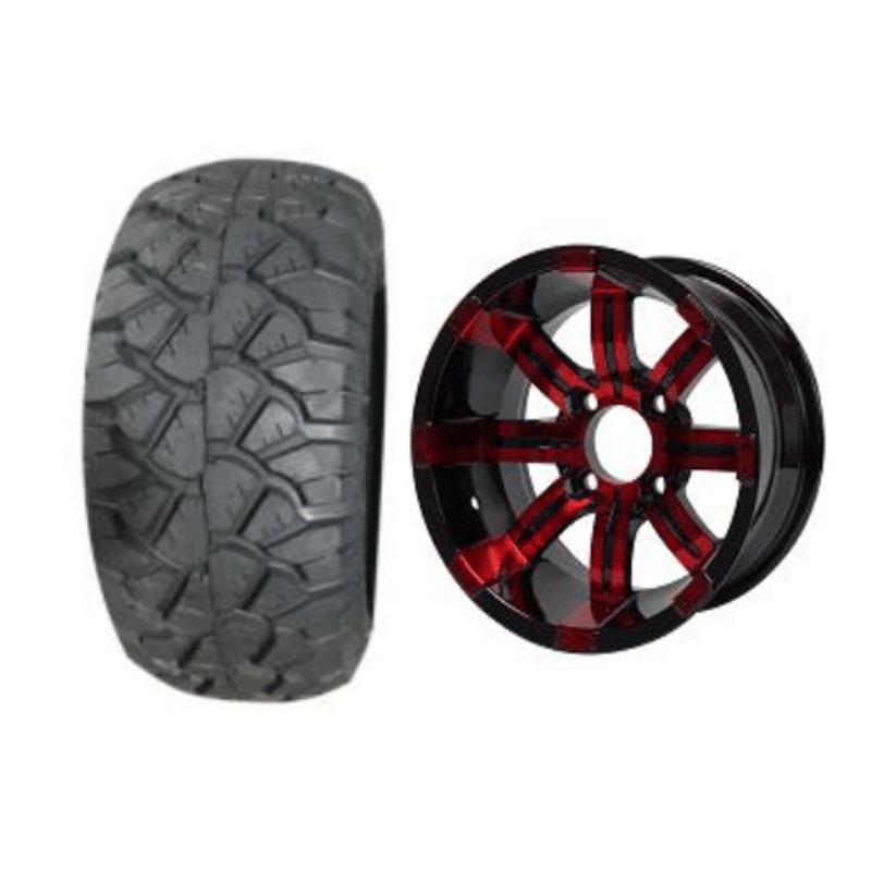SGC 10″ Tempest Red/Black Wheel – Aluminum Alloy / STEELENG 18″x9″-10″ STINGER All Terrain Tire DOT approved Tires Combo – Set of 4