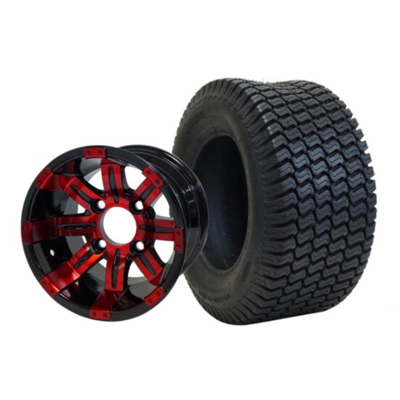 SGC 10″ Tempest Red/Black Wheel – Aluminum Alloy / STEELENG 20″x8″-10″ Turf Tire Tires Combo – Set of 4