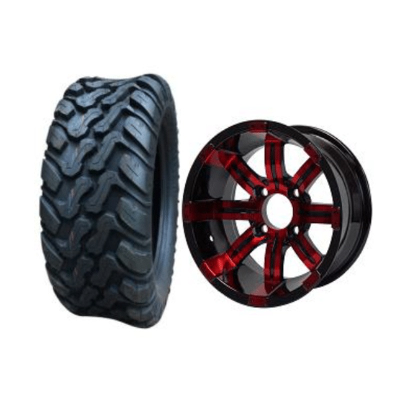SGC 10″ Tempest Red/Black Wheel – Aluminum Alloy / STEELENG 22″x10.5″-10″ Mud Terrain Tires Combo – Set of 4