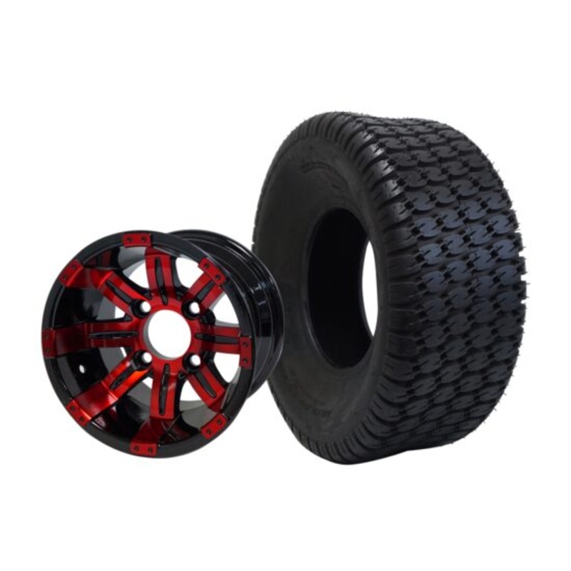 SGC 10″ Tempest Red/Black Wheel – Aluminum Alloy / STEELENG 22″x9.5″-10″ Turf Tire Tires Combo – Set of 4