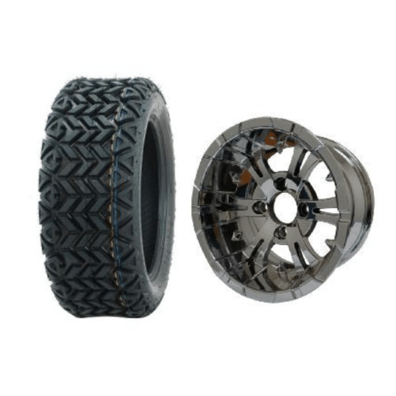 SGC 10″ Vampire Chrome Wheel – Aluminum Alloy / STEELENG 18″x9″-10″ All Terrain Tire DOT approved Tires Combo – Set of 4