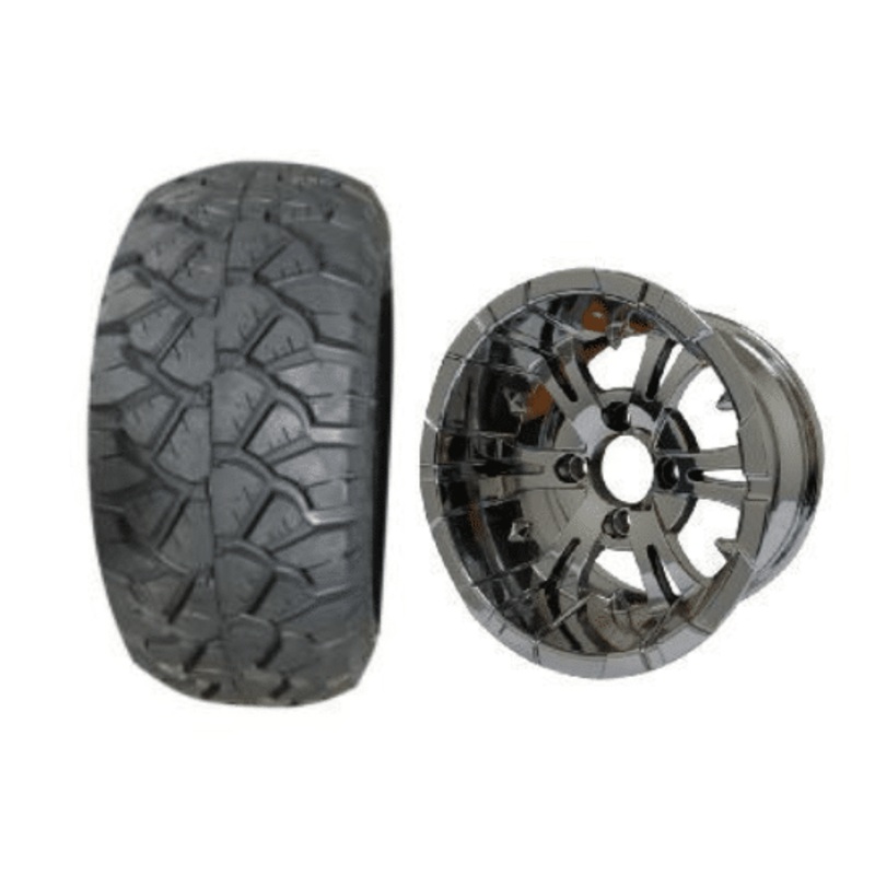 SGC 10″ Vampire Chrome Wheel – Aluminum Alloy / STEELENG 18″x9″-10″ STINGER All Terrain Tire DOT approved Tires Combo – Set of 4