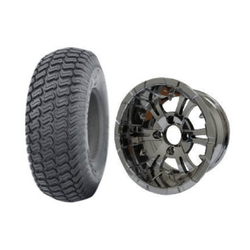 SGC 10″ Vampire Chrome Wheel – Aluminum Alloy / STEELENG 20″x8″-10″ Turf Tire Tires Combo – Set of 4