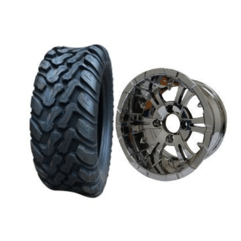 SGC 10″ Vampire Chrome Wheel – Aluminum Alloy / STEELENG 22″x10.5″-10″ Mud Terrain Tires Combo – Set of 4