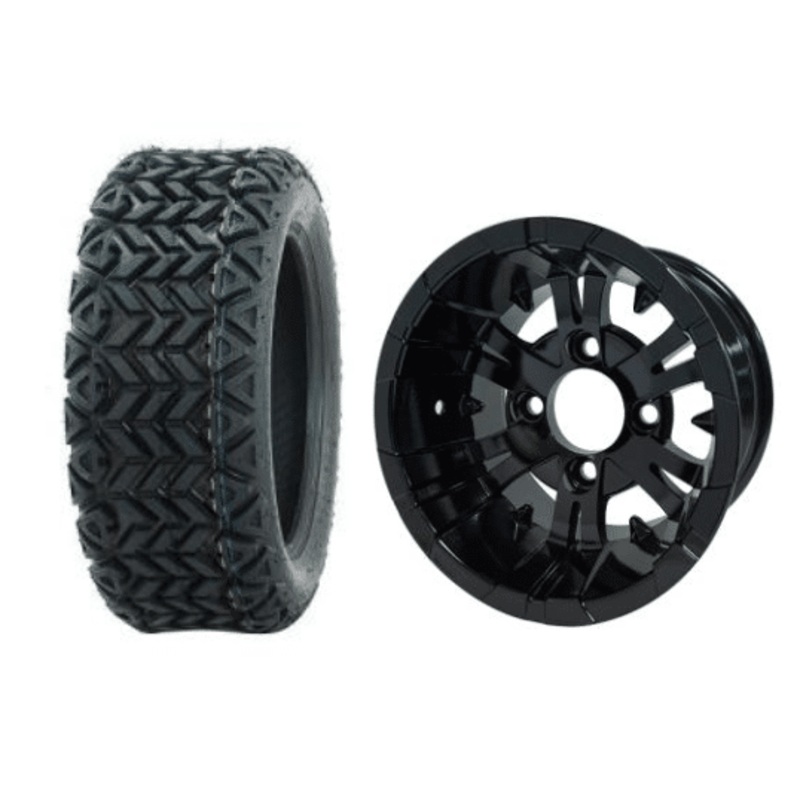 SGC 10″ Vampire Glossy Black Wheel – Aluminum Alloy / STEELENG 18″x9″-10″ All Terrain Tire DOT approved Tires Combo – Set of 4