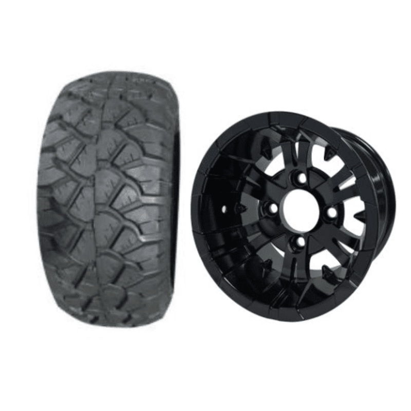 SGC 10″ Vampire Glossy Black Wheel – Aluminum Alloy / STEELENG 18″x9″-10″ STINGER All Terrain Tire DOT approved Tires Combo – Set of 4