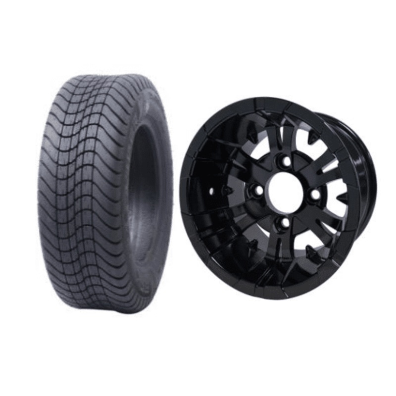 SGC 10″ Vampire Glossy Black Wheel – Aluminum Alloy / STEELENG 205/65-10 Comfort Ride Street Tire DOT approved Tires Combo – Set of 4