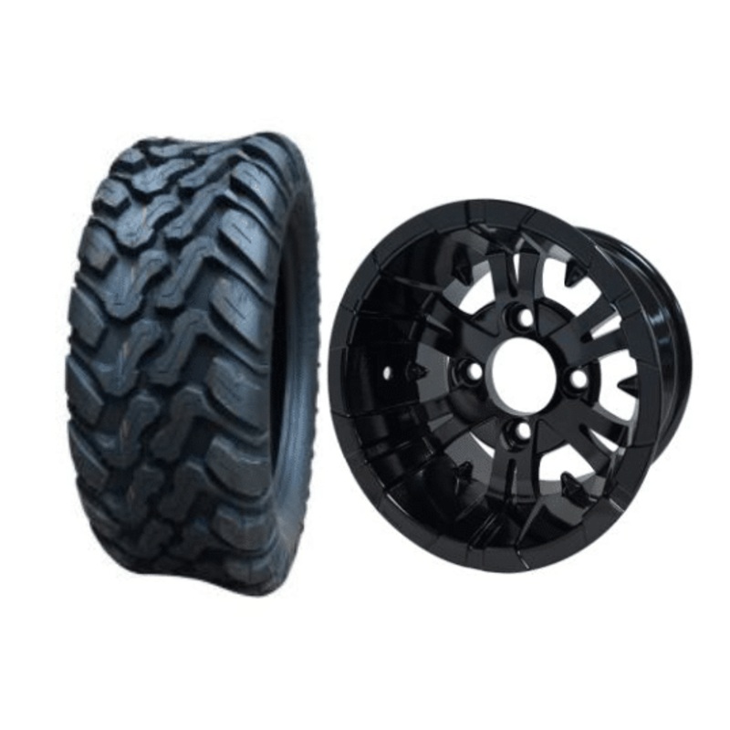 SGC 10″ Vampire Glossy Black Wheel – Aluminum Alloy / STEELENG 22″x10.5″-10″ Mud Terrain Tires Combo – Set of 4