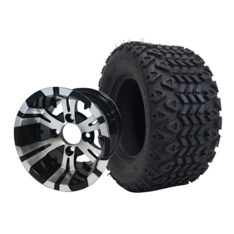 SGC 10″ Vampire Machined/Black Wheel – Aluminum Alloy / STEELENG 18″x9″-10″ All Terrain Tire DOT approved Tires Combo – Set of 4