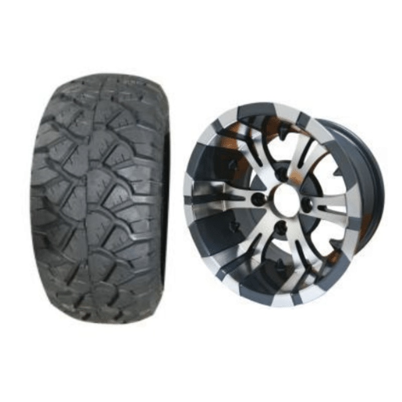 SGC 10″ Vampire Machined/Gunmetal Wheel – Aluminum Alloy / STEELENG 18″x9″-10″ STINGER All Terrain Tire DOT approved Tires Combo – Set of 4