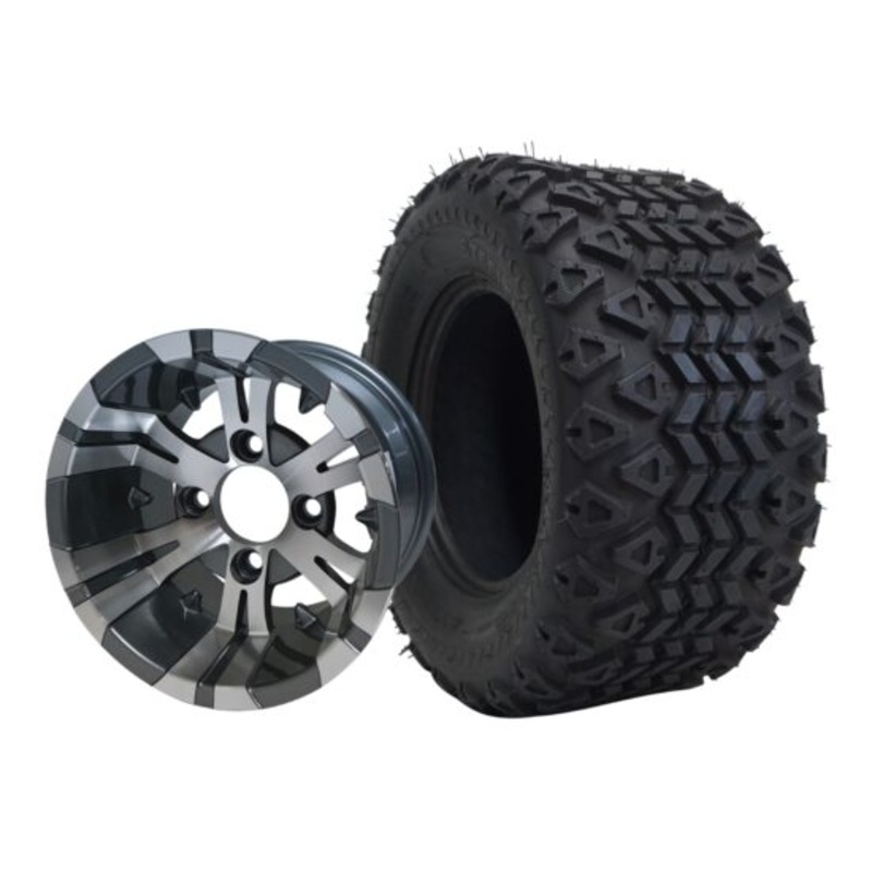 SGC 10″ Vampire Machined/Gunmetal Wheel – Aluminum Alloy / STEELENG 20″x10″-10″ All Terrain Tire DOT approved Tires Combo – Set of 4