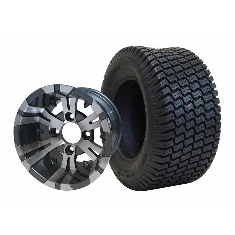 SGC 10″ Vampire Machined/Gunmetal Wheel – Aluminum Alloy / STEELENG 20″x8″-10″ Turf Tire Tires Combo – Set of 4