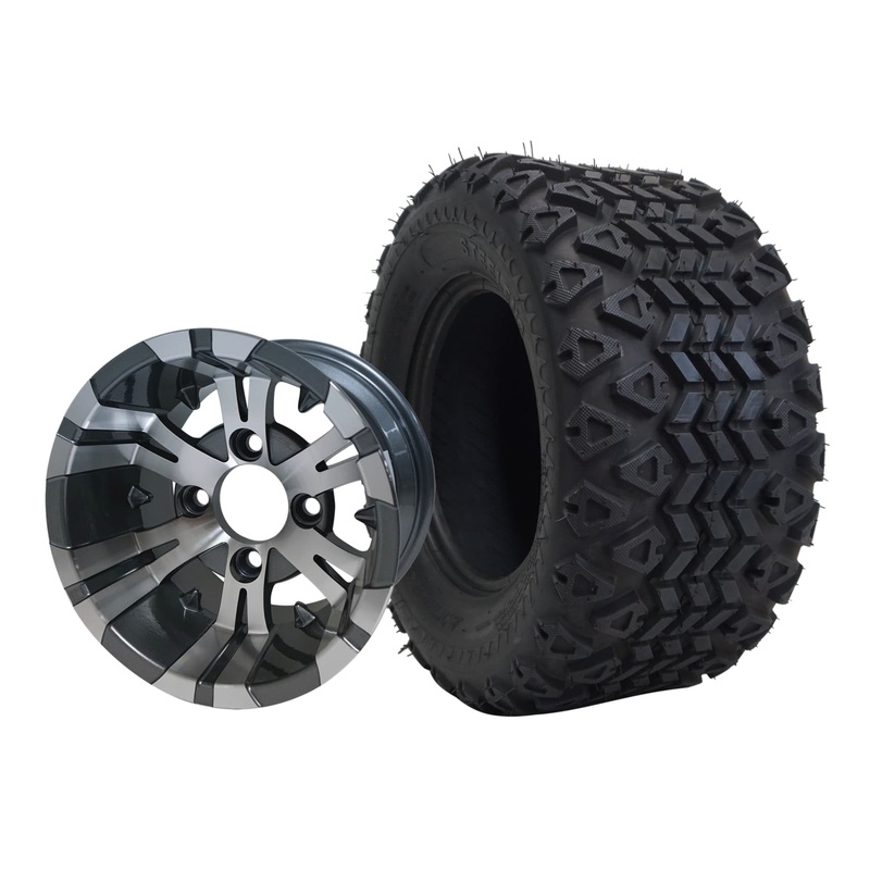 SGC 10″ Vampire Machined/Gunmetal Wheel – Aluminum Alloy / STEELENG 22″x9.5″-10″ Turf Tire Tires Combo – Set of 4
