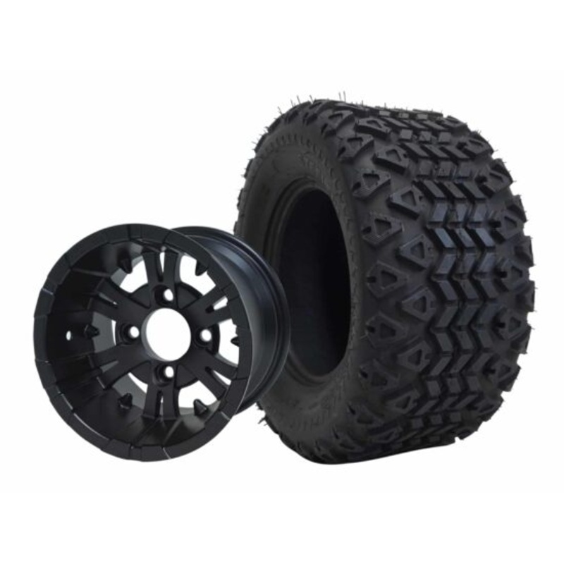 SGC 10″ Vampire Matte Black Wheel – Aluminum Alloy / STEELENG 18″x9″-10″ All Terrain Tire DOT approved Tires Combo – Set of 4