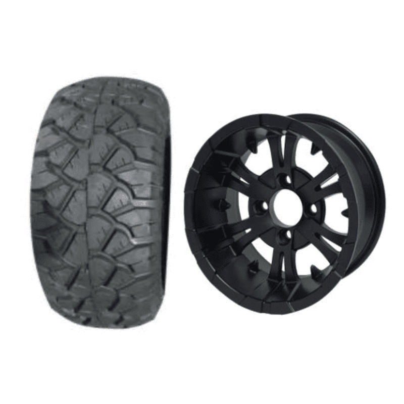 SGC 10″ Vampire Matte Black Wheel – Aluminum Alloy / STEELENG 18″x9″-10″ STINGER All Terrain Tire DOT approved Tires Combo – Set of 4