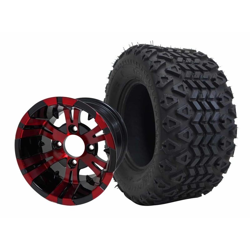 SGC 10″ Vampire Red/Black Wheel – Aluminum Alloy / STEELENG 18″x9″-10″ All Terrain Tire DOT approved Tires Combo – Set of 4