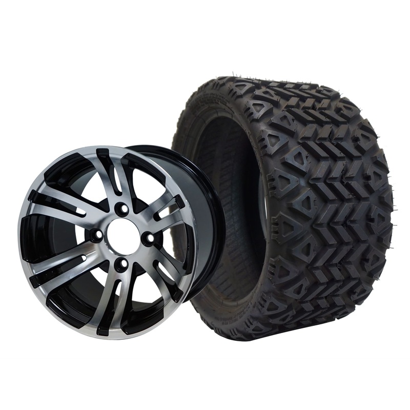 SGC 12″ Bulldog Machined/Black Wheel – Aluminum Alloy / STEELENG 20″x10″-12″ All Terrain Tire DOT approved Tires Combo – Set of 4