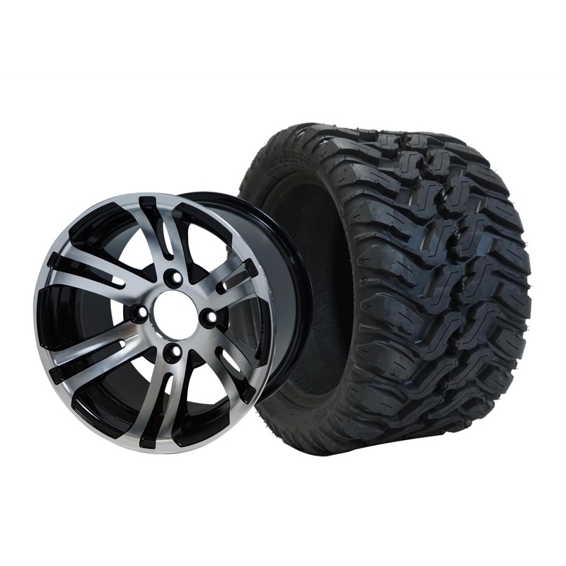 SGC 12″ Bulldog Machined/Black Wheel – Aluminum Alloy / STEELENG 20″x10″-12″ Mud Terrain Tire Tires Combo – Set of 4