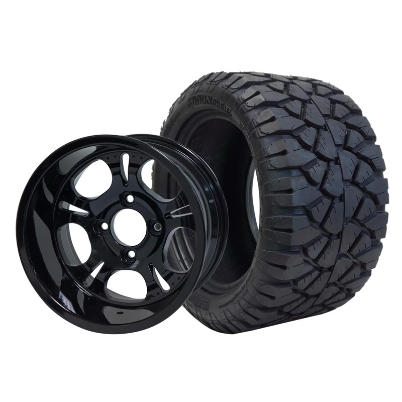 SGC 12″ Darkside Glossy Black Wheel – Aluminum Alloy / STEELENG 20″x10″-12″ STINGER All Terrain Tire DOT approved Tires Combo – Set of 4