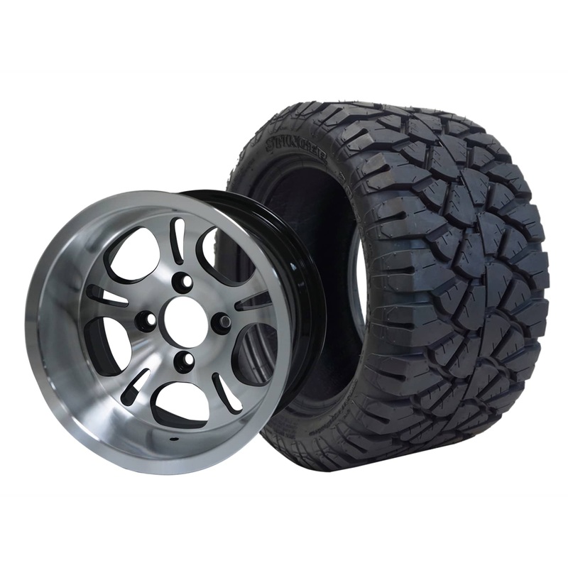 SGC 12″ Lightside Machined/Black Wheel – Aluminum Alloy / STEELENG 20″x10″-12″ STINGER All Terrain Tire DOT approved Tires Combo – Set of 4