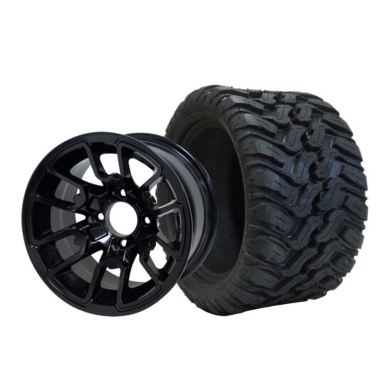 SGC 12″ Lizard Glossy Black Wheel – Aluminum Alloy / STEELENG 20″x10″-12″ Mud Terrain Tire Tires Combo – Set of 4