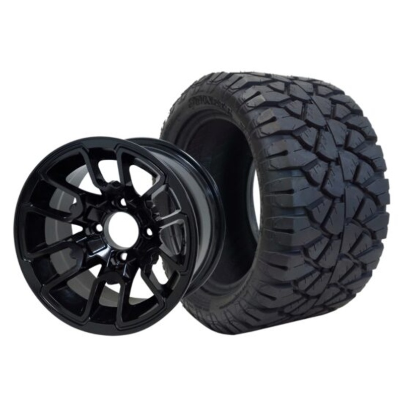 SGC 12″ Lizard Glossy Black Wheel – Aluminum Alloy / STEELENG 20″x10″-12″ STINGER All Terrain Tire DOT approved Tires Combo – Set of 4