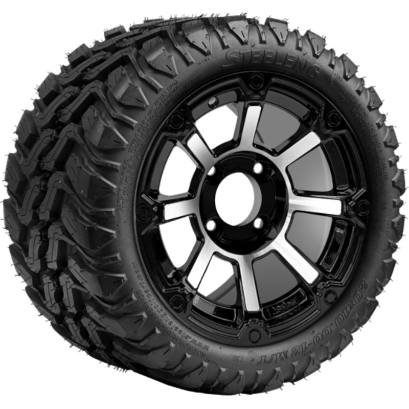 SGC 12 ” Cyclops Machined/Black Wheel – Aluminum Alloy / STEELENG 20 “x10 “-12 ” Mud Terrain Tire Tires Combo – Set of 4