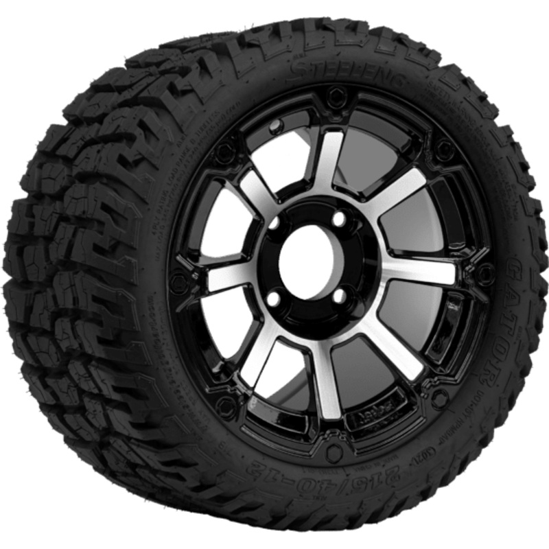 SGC 12 ” Cyclops Machined/Black Wheel – Aluminum Alloy /STEELENG 215/40-12 Hybrid Low Profile / All Terrain Tire DOT Approved Tires Combo – Set of 4