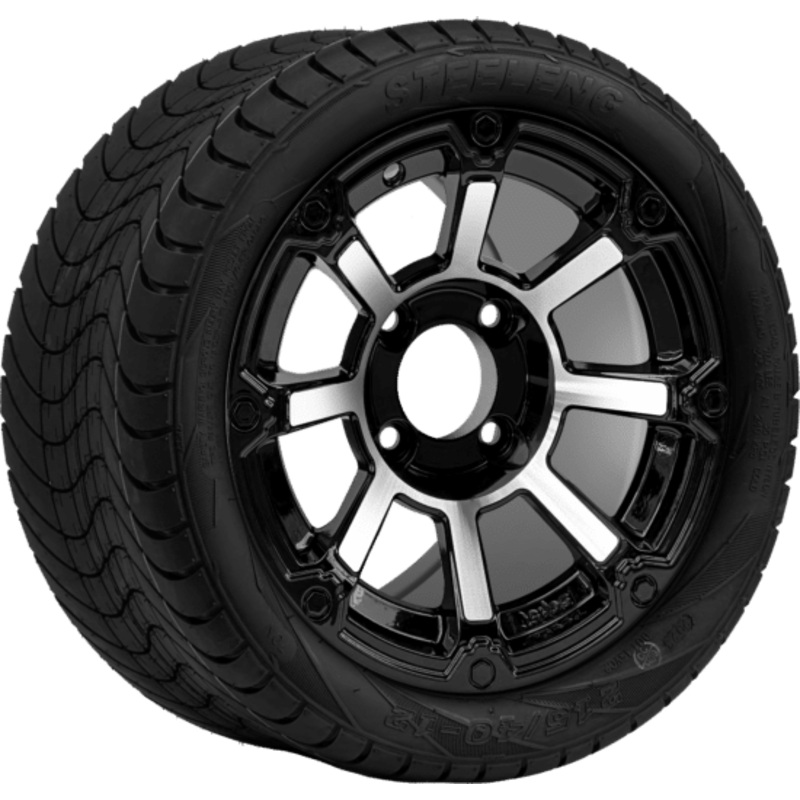 SGC 12 ” Cyclops Machined/Black Wheel – Aluminum Alloy / STEELENG 215/40-12 Low Profile Tire DOT Approved Tires Combo – Set of 4