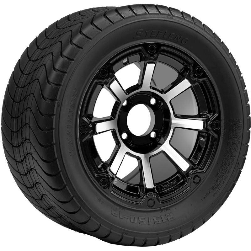 SGC 12 ” Cyclops Machined/Black Wheel – Aluminum Alloy / STEELENG 215/50-12 Comfort Ride Street Tire DOT Approved Tires Combo – Set of 4