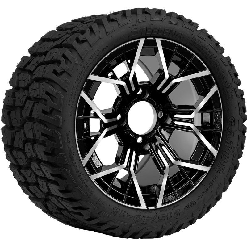 SGC 12 ” Mantis Machined/Black Wheel – Aluminum Alloy /STEELENG 215/40-12 Hybrid Low Profile / All Terrain Tire DOT Approved Tires Combo – Set of 4