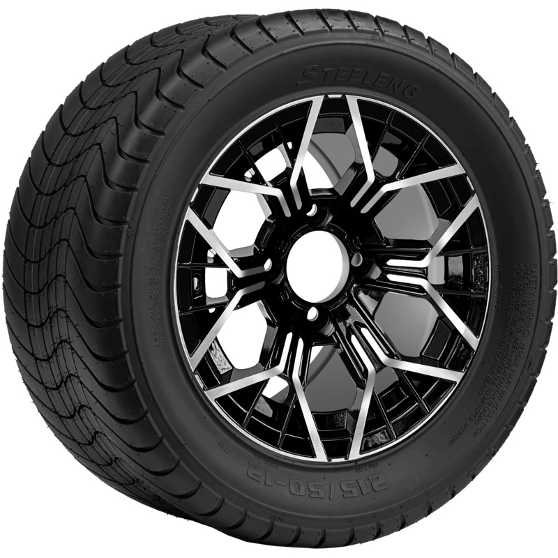 SGC 12 ” Mantis Machined/Black Wheel – Aluminum Alloy / STEELENG 215/50-12 Comfort Ride Street Tire DOT Approved Tires Combo – Set of 4