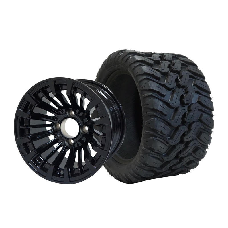SGC 12″ Matador Glossy Black Wheel – Aluminum Alloy / STEELENG 20″x10″-12″ Mud Terrain Tire Tires Combo – Set of 4