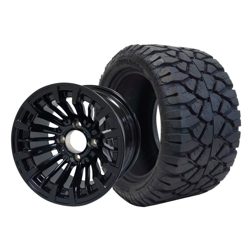 SGC 12″ Matador Glossy Black Wheel – Aluminum Alloy / STEELENG 20″x10″-12″ STINGER All Terrain Tire DOT approved Tires Combo – Set of 4