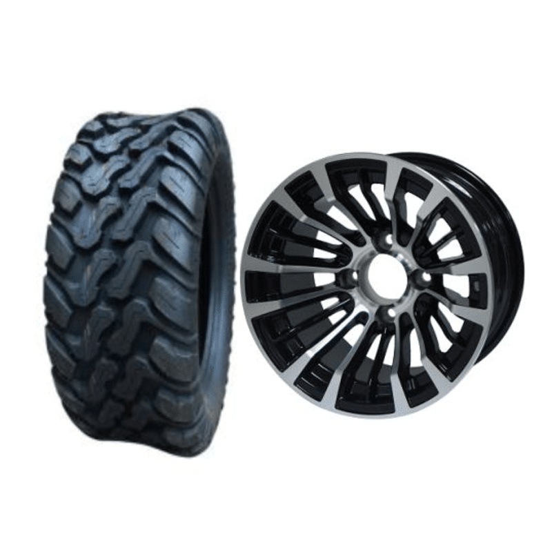 SGC 12″ Matador Machined/Black Wheel – Aluminum Alloy / STEELENG 20″x10″-12″ Mud Terrain Tire Tires Combo – Set of 4