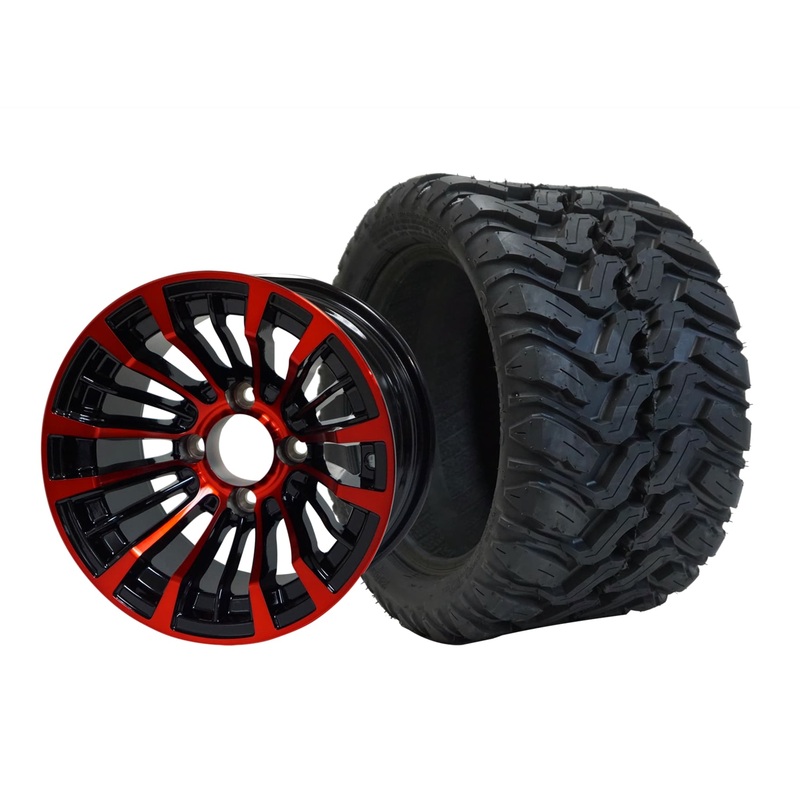 SGC 12″ Matador Red/Black Wheel – Aluminum Alloy / STEELENG 20″x10″-12″ Mud Terrain Tire Tires Combo – Set of 4