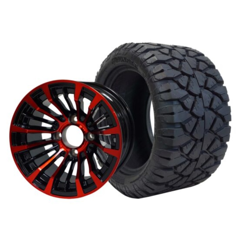 SGC 12″ Matador Red/Black Wheel – Aluminum Alloy / STEELENG 20″x10″-12″ STINGER All Terrain Tire DOT approved Tires Combo – Set of 4