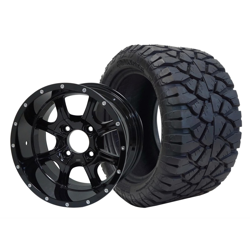SGC 12″ Night Stalker Glossy Black Wheel – Aluminum Alloy / STEELENG 22″x10.5″-12″ STINGER All Terrain Tire DOT approved Tires Combo – Set of 4