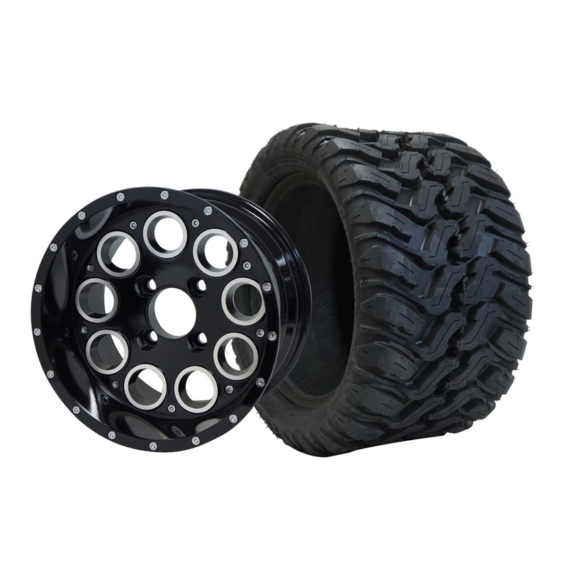 SGC 12″ Pioneer Glossy Black Wheel – Aluminum Alloy / STEELENG 20″x10″-12″ Mud Terrain Tire Tires Combo – Set of 4