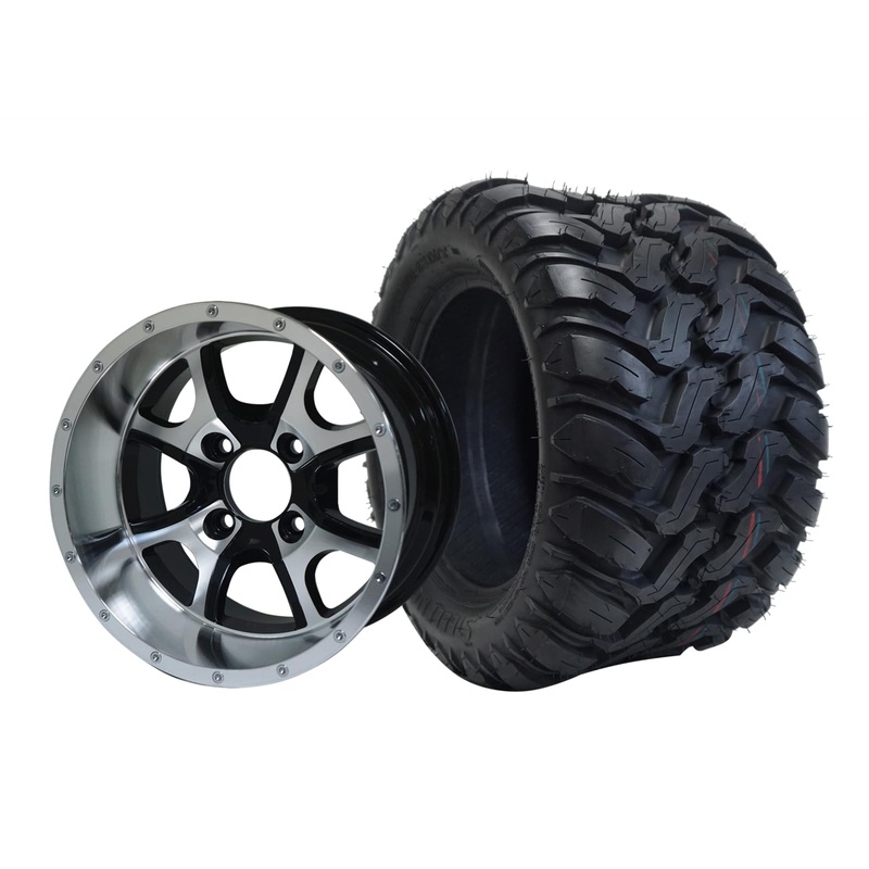 SGC 12″ Predator Machined/Black Wheel – Aluminum Alloy / STEELENG 22″x11″-12″ Mud Terrain / All Terrain Tire DOT Approved Tires Combo – Set of 4
