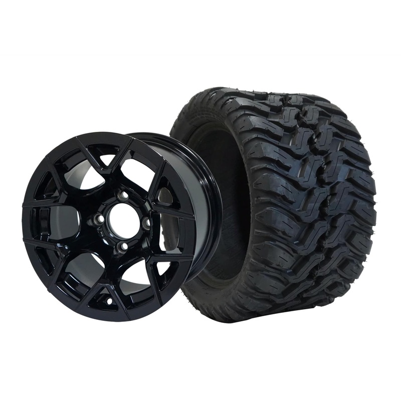 SGC 12″ Rally Glossy Black Wheel – Aluminum Alloy / STEELENG 20″x10″-12″ Mud Terrain Tire Tires Combo – Set of 4