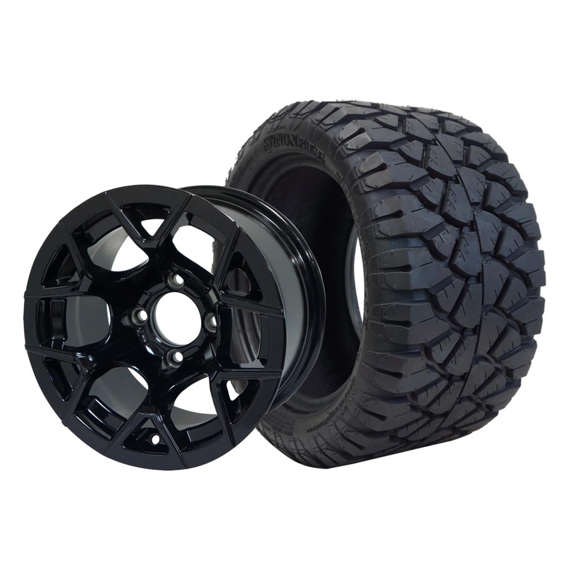 SGC 12″ Rally Glossy Black Wheel – Aluminum Alloy / STEELENG 20″x10″-12″ STINGER All Terrain Tire DOT approved Tires Combo – Set of 4