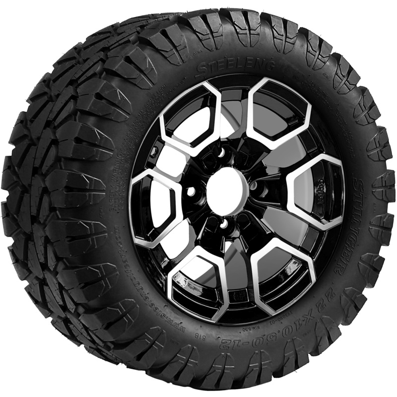SGC 12 ” Talon Machined/Black Wheel – Aluminum Alloy / STEELENG 22 “x10.5 “-12 ” STINGER All Terrain Tire DOT approved Tires Combo – Set of 4