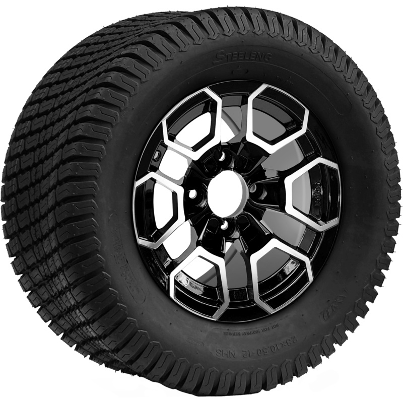 SGC 12 ” Talon Machined/Black Wheel – Aluminum Alloy / STEELENG 23 “x10.5 “-12 ” Turf Tire Tires Combo – Set of 4