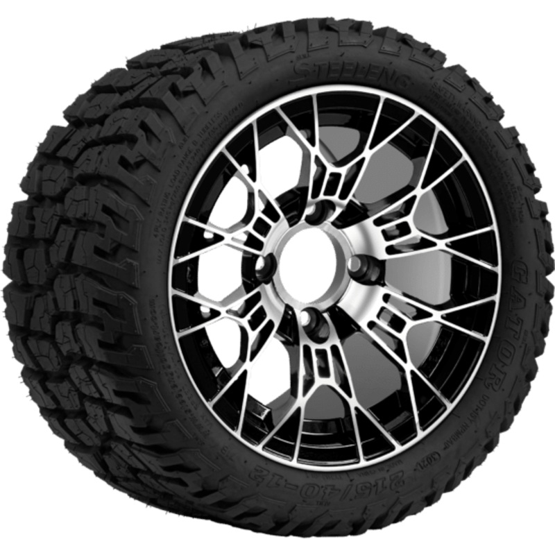 SGC 12 ” Tarantula Machined/Black Wheel – Aluminum Alloy /STEELENG 215/40-12 Hybrid Low Profile / All Terrain Tire DOT Approved Tires Combo – Set of 4