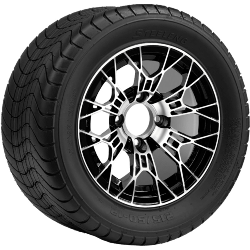 SGC 12 ” Tarantula Machined/Black Wheel – Aluminum Alloy / STEELENG 215/50-12 Comfort Ride Street Tire DOT Approved Tires Combo – Set of 4